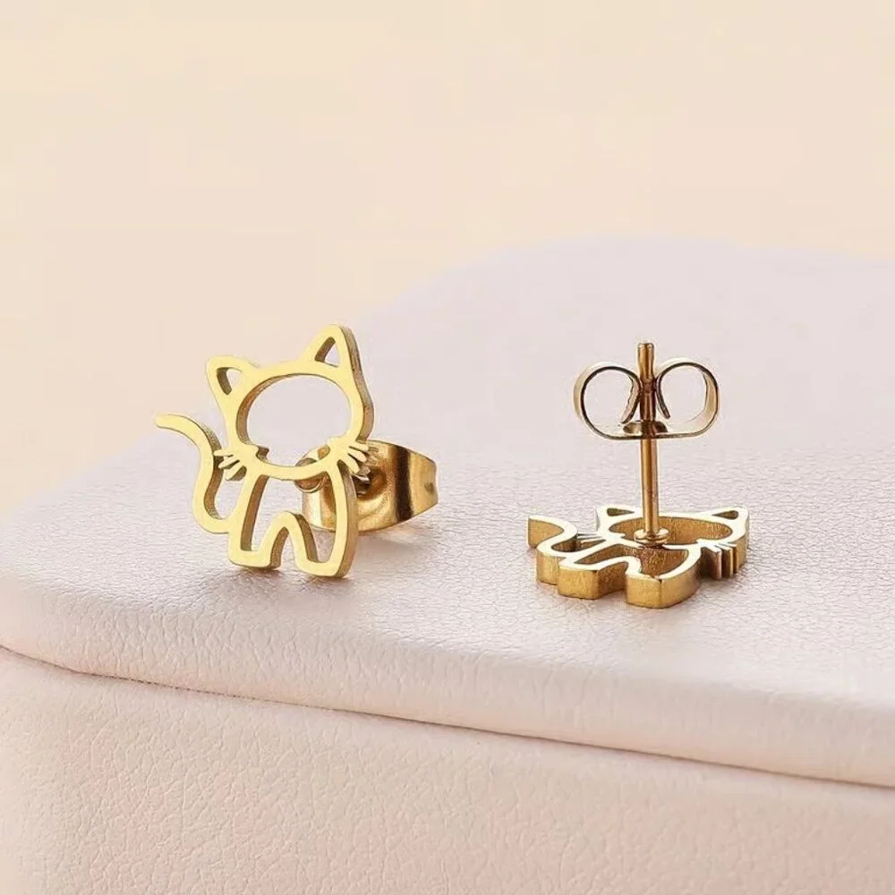 Gold Stainless Steel KITTY CAT Stud Earrings - Picture 2 of 3
